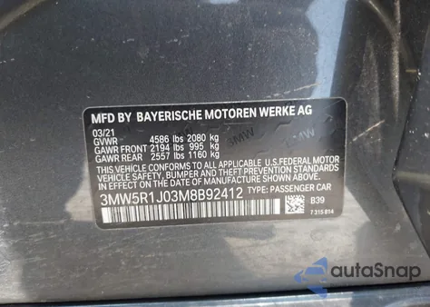 2021 BMW 330I z USA, uszkodzony, nr VIN 3MW5R1J03M8B92412